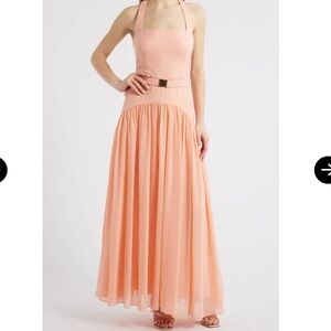 Hutch Peach Pink Belted Pleated Wedding Dress